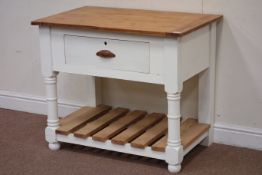 Painted pine dressed fitted with rectangular oak top, raised on potboard base, with single drawer,