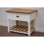 Painted pine dressed fitted with rectangular oak top, raised on potboard base, with single drawer,