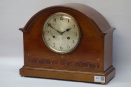 Edwardian mahogany mantle clock with boxwood stringing and amboyna wood inlay CLOCKS & BAROMETERS -