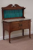 Edwardian inlaid mahogany washstand, double cupboard, raised tiled back, rectangular marble top,