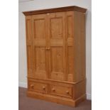 Large solid pine double wardrobe, two drawers to base, W130cm, H190cm,