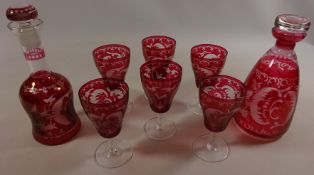 Bohemian red overlayed glassware decorated with hunting scenes Condition Report