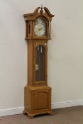 Oak longcase clock triple weight driven movement chiming on rods,