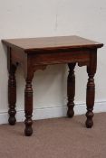 Edwardian oak table raised on turned base, 69cm x 46cm,