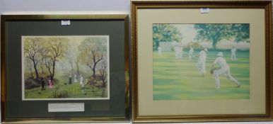 Figures in a Park, colour print after Helen Bradley 29cm x 39cm and Cricket Scene,