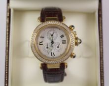 Cartier diamond and sapphire Pasha quartz chronograph 18K gold 1353 1 wristwatch,