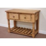 Waxed pine two drawer kitchen dresser raised on potboard base, W119cm, H90cm,