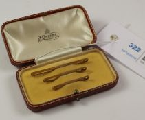 1920's triple set gold graduating tie-pins stamped 9ct in original box retailed by J C Vickery