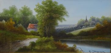 Rural Scene with Stream Cottage and Church,