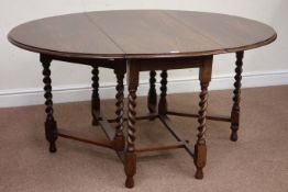 20th century oak drop leaf table, raised on barley twist gateleg base, 107cm x 148cm,