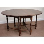 20th century oak drop leaf table, raised on barley twist gateleg base, 107cm x 148cm,