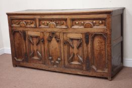18th century oak panelled dresser, three drawers and two cupboards, and rack, W175cm, H207cm,