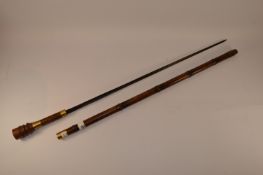 Early 20th century French bamboo sword stick with later turned rosewood handle and 68cm steel