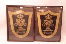 Pair of Victorian Royal Artillery Sabretache type gold thread panels with cast gilt brass canon