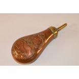 19th century copper and brass powder flask with embossed details partridges and dog 18cm