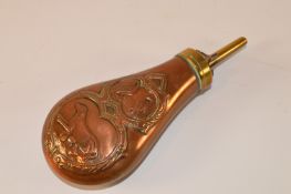 19th century copper and brass powder flask with embossed details partridges and dog 18cm