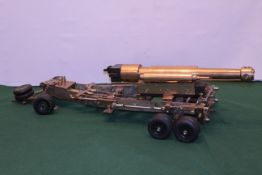 Handcrafted brass and steel model of a Field Gun mounted on six rubber wheels 45cm barrel,