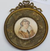 Derval (19th century): 'Marie Stuart', circular miniature portrait on ivory signed,