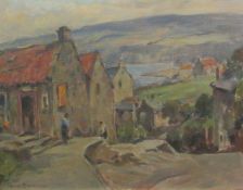 Owen Bowen (Staithes Group 1873-1967): 'From the Bank Top Robin Hoods Bay', oil on board signed,