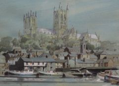 Colin Verity (British 1924-2011): Lincoln Cathedral from Brayford Pool,