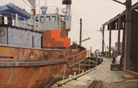 Don Micklethwaite (British 1936-): Supply Vessel in Dry Dock,