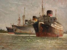 Harry Hudson Rodmell (British 1896-1984): 'The Old Order Changeth' - Steam Ships at Anchor with a