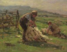 Ernest Higgins Rigg (Staithes Group 1868-1947): "Sheep Shearing", oil on canvas signed 31.