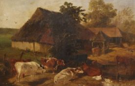 Harrison William Weir (British 1824-1906): Farmstead with Cattle, oil on panel,