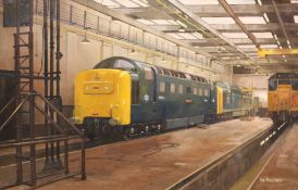 Don Micklethwaite (British 1936-): Engine Shed with Deltic Class 55 Diesel Locomotive,