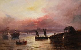 Walter Linsley Meegan (British c1860-1944): Sail and Steam Boats at Sunset,