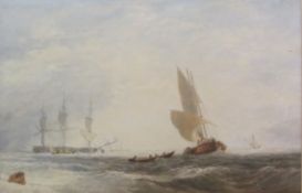 George Chambers (British 1803-1840): Sailing Barge and Frigate in Choppy Waters,