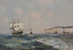 Frank Henry Mason (Staithes Group 1875-1965): Three Masted Sailing Vessel and Paddle Steamer off
