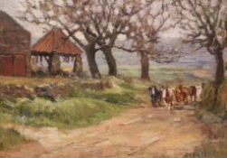 James William Booth (Staithes Group 1867-1953): Cattle on a North Yorkshire Track,