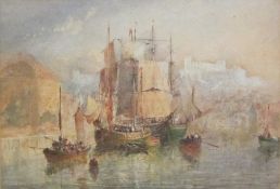 George Weatherill (British 1810-1890): Moored Sailing Vessels Dock End Whitby,
