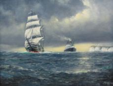 Jack Rigg (British 1927-): 'The Overtaker' - Sail & Steamships off Flamborough,