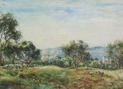 William Mark Fisher (British 1841-1923): Tree Edged Meadow Overlooking the Bay,