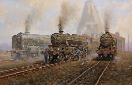 Robert Nixon (British 20th century): 'Alfred the Great' LNWR Britannia Class and 8F Locomotives at