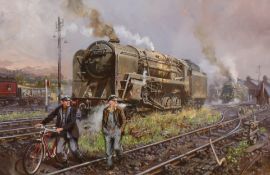 David L Noble GRA (British 1945-): 'Steel Shires' British Railways Class 9F leaving the Loco Shed,