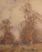 Mary S Hagarty (British 1883-1938): The Hunt in Wooded Parkland, watercolour initialled M.S.