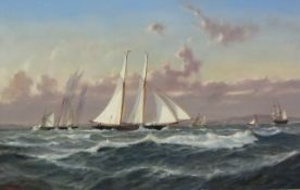 Robert Moore (British 1945-): 'The Schooners' - America's Cup 1852, oil on panel signed,