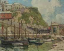 Hurst Balmford (British 1871-1950): Boats in the Harbour 'Mevagissey Cornwall', oil on board signed,