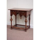 Queen Anne style figured burr walnut lowboy, moulded rectangular top over three short drawers,