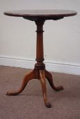 Early Georgian circular yew wood tilt top wine table, raised on turned elm column tripod base,