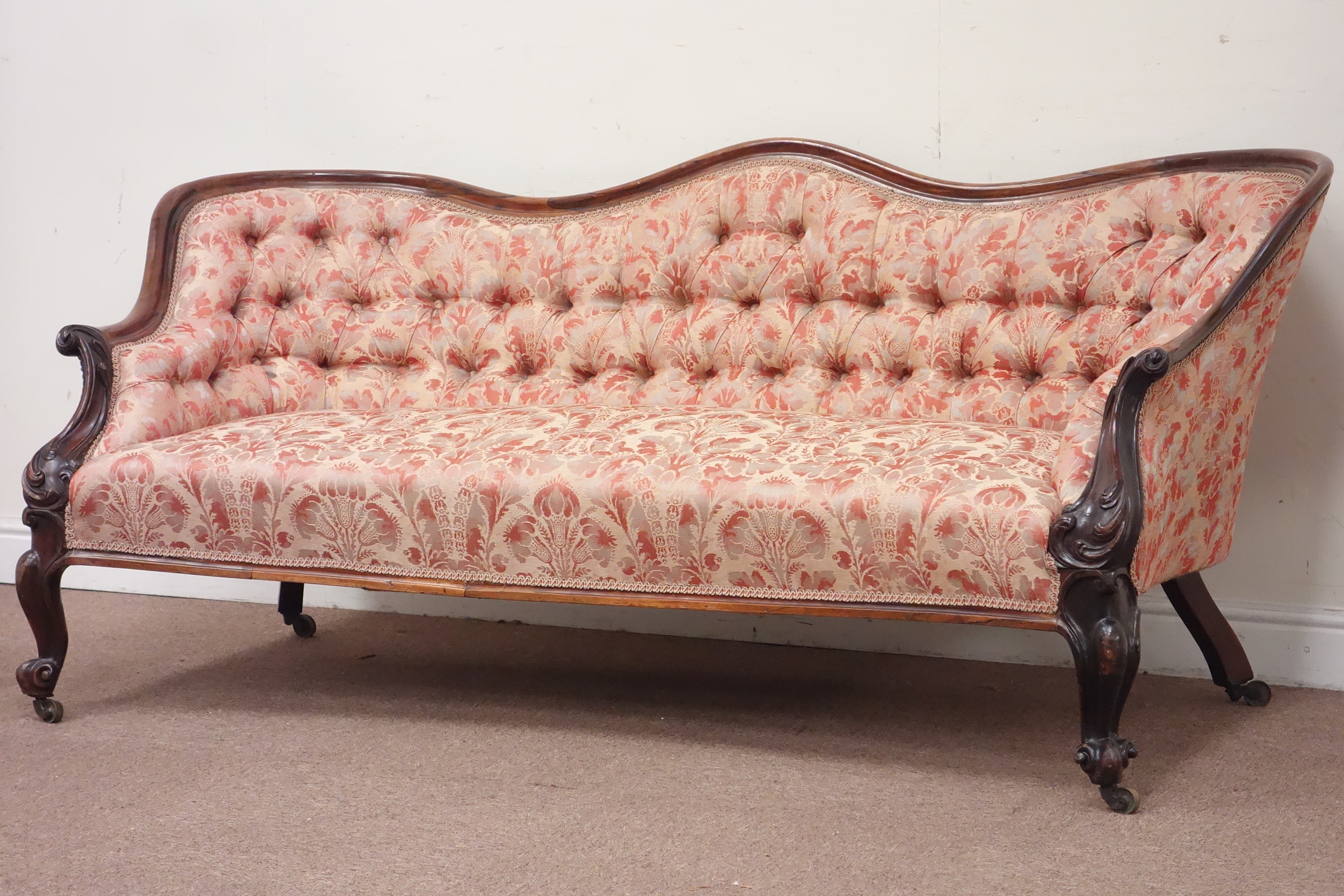 Quality Victorian rosewood serpentine back three seat settee, concave seat,