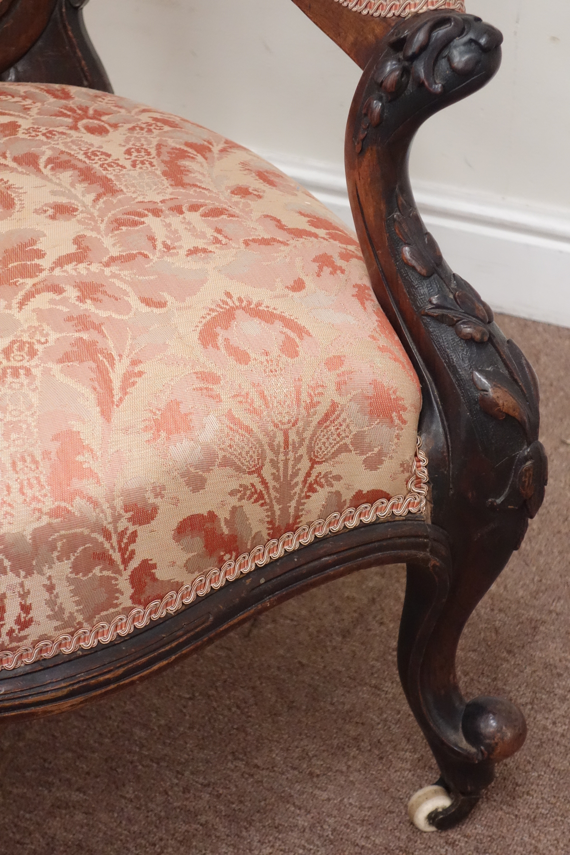 Quality Victorian rosewood armchair, spoon back, carved with berries and foliage, - Image 3 of 3