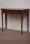 Edwardian inlaid mahogany serpentine fold over top card table, tooled baise lined,