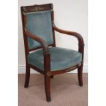 Early 19th century French Napoleonic era mahogany armchair, carved detail,
