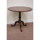 19th century mahogany tripod centre table, circular tilt top, on turned column, D85cm,