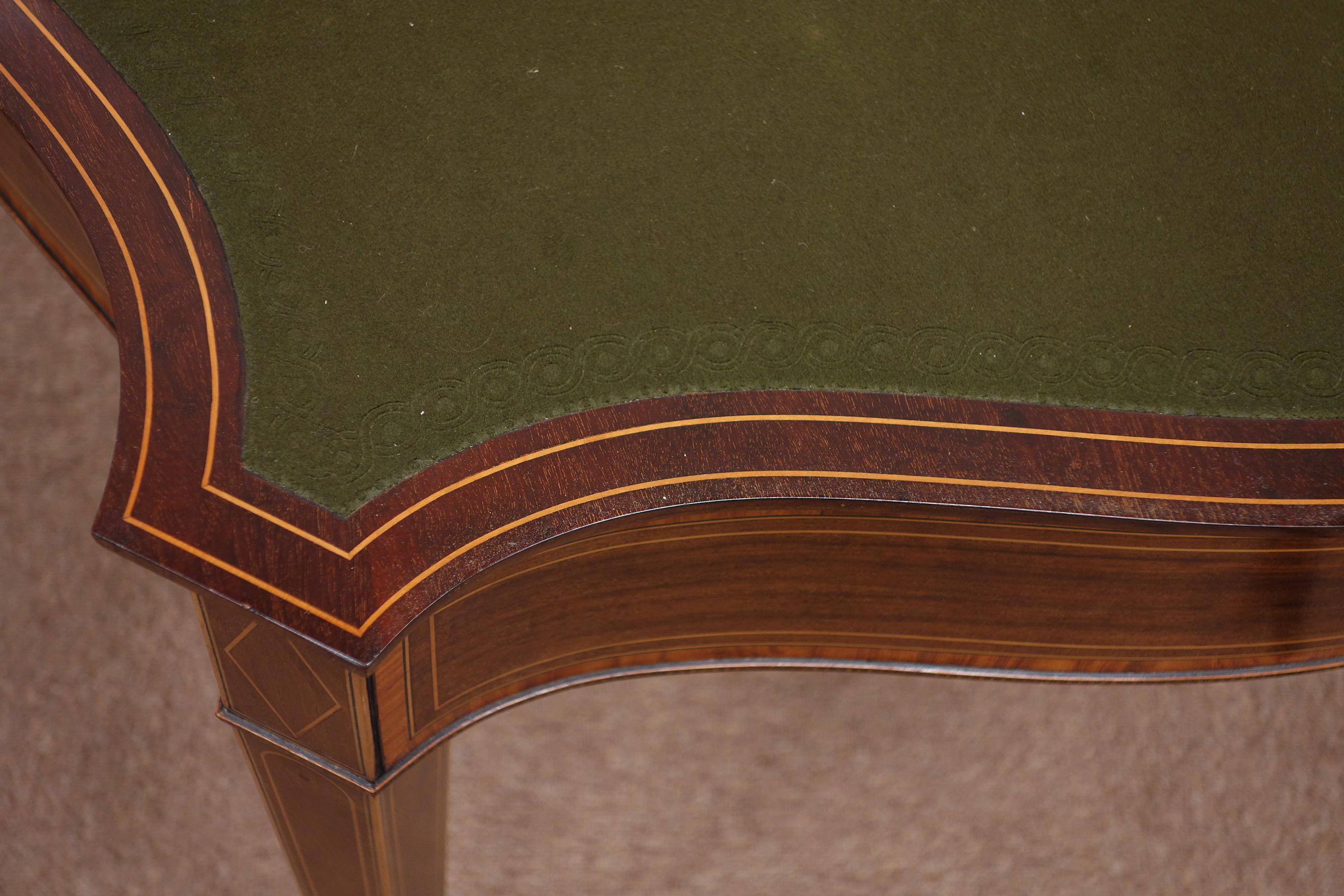 Edwardian inlaid mahogany serpentine fold over top card table, tooled baise lined, - Image 7 of 8