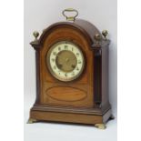 Edwardian satinwood inlaid mahogany mantle clock, domed case with fluted canted corners,